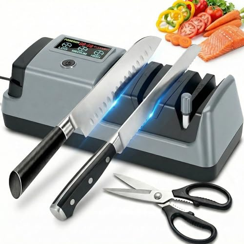Aiguiseur de couteaux électrique LCD 3 vitesses pour couteaux et ciseaux | Aiguiseur professionnel avec écran LCD pour couteaux droits, dentelés, céramique et ciseaux réglables