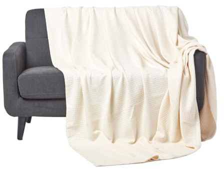 HOMESCAPES - 100% Organic Cotton Waffle Blanket - Natural - King Bed Size 250 x 230 cm - Super Soft Combed Cotton Blanket Throw