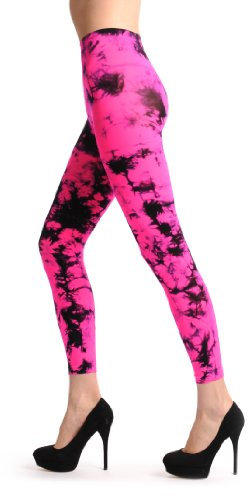 LissKiss Fluorescent Pink & Black Colour Splash Footless - Rose Collant Sans Pied (Leggings) Taille Unique (34-42)