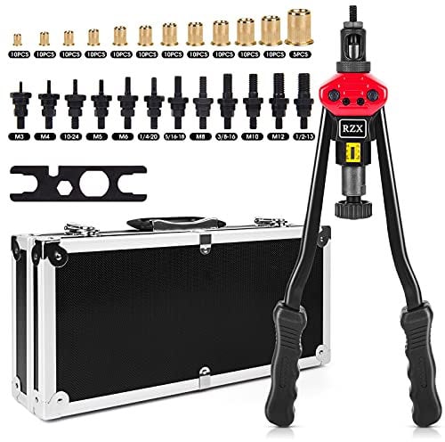 RZX 16 RIVET NUT TOOL Hand Blind Riveter,RIVNUT Riveting Tools with Nut Setting System totally 12mandrels M3 M4 M5,m6,m8,m10 M12, 10-24, 1/4-20, 5/16-18,3/8-16,1/2-13 +115PCS Rivets Nuts