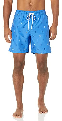 Amazon Essentials Shorts da Bagno da 18cm con Fodera Interna in Rete, Tasche, Chiusura con Coulisse Uomo, Blu Stampa Ancore, XL