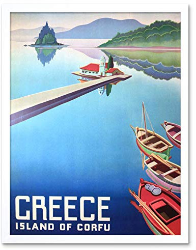 Wee Blue Coo Travel Island Corfu Greece Boats Pier Art Print Framed Poster Wall Decor Kunstdruck Poster Wand-Dekor-12X16 Zoll
