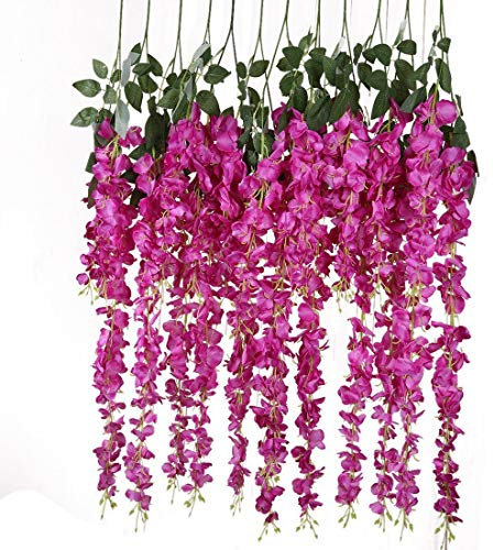 Veryhome 12 PCS 3.6feet Fleurs Artificielles Faux Wisteria Réaliste Soie Romantique Suspendu À La Vigne pour Les Décorations De Mariage Home Garden Party Decor (Rose Rouge)