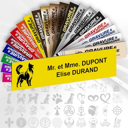 Plaque Boîte aux Lettres Déco Personnalisable De 1 À 3 Lignes | Jaune + Dessin - Logo Ou Motif Avec Nom Gravé - Adhésive PVC - 10 x 2,5 cm - Haute qualité - Fixation facile