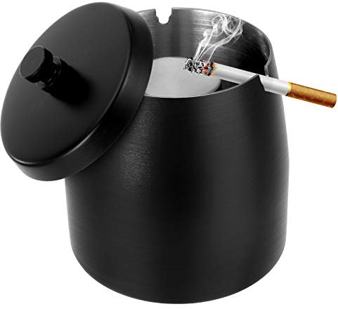 MALENOO Großer Edelstahl-Aschenbecher mit Deckel, winddicht, geruchsdicht, für Außenbereich, Terrasse, Zuhause, Büro, Schwarz, Minimalistisch