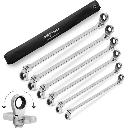 DISEN Extra langes Ratschenschlüssel-Set mit Flexkopf, 6-teilig, Doppel-Ratschenschlüssel-Set, lange Reichweite, metrisch, 8–19 mm, CRV-Stahl, mit Tasche, Geschenke für Vater, Mann