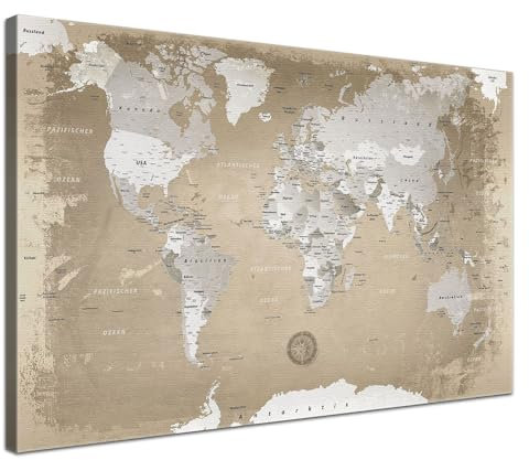 Stilvolle Pinnwand Weltkarte - Natur - Deutsch in 80 x 60 cm, stabile Rückwand zum Pinnen inkl. Starterkit - Leinwand-Kunstdruck Wandbild Landkarte XXL