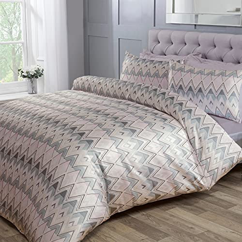 Sleepdown Chevron Jacquard Zig Zag Geometrische Streifen Soft Pink Grau Luxuriöse Bettwäsche Set mit Kissenbezügen – Super King Size (220 x 260 cm)