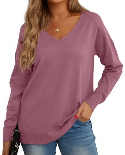 GRECERELLE Women's Casual Jumpers Sweatshirt Ladies Classic Plain Pullover Knit V Neck Long Sleeve Jumper Tops Blouse T-Shirt for Winter Fall Spring (14 Red Grey, XL)