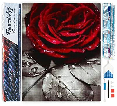 Figured'Art Diamond Painting Art 5D kit completo 40x50cm Tela Arrotolata Interamente da Ricoprire di Diamonds Quadrati - Rosa Rossa - Pittura Diamante - Attività Creativa per Adulti