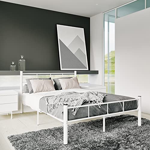 Panana Simple Modern Double Bed Metal Steel Frame 4ft6 with Metal Slats (White)