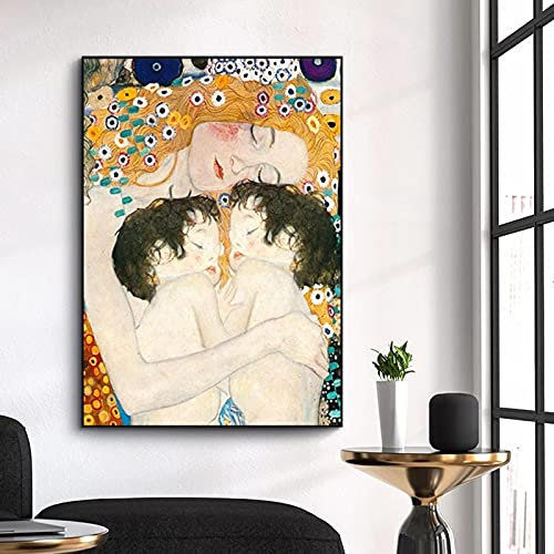 Berühmte Kunst Gustav Klimt Mutter schläft mit Zwillingen Baby Leinwand Gemälde Reproduktionen für Wandposter Dekorative Bilder 40x60cm (16x24in) Rahmenlos