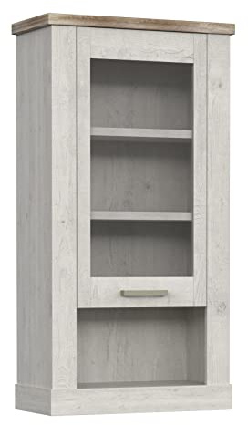 Newroom Hängeschrank Pinie Weiß mit Glastür Vitrine Wandschrank Wohnzimmer | Einlegeböden und offenes Fach, Bügelgriff, Mehrzweckschrank, Schrank Holz, Landhaus rustikal, für Esszimmer und Flur