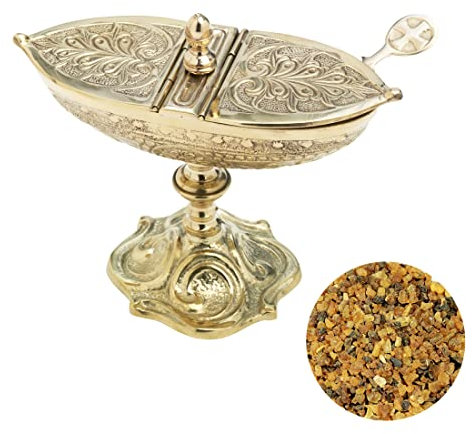 NKlaus 3tlg Set Weihrauchschiffchen mit Löffel in Gold 100g Myrrhe Weihrauchmischung 40667