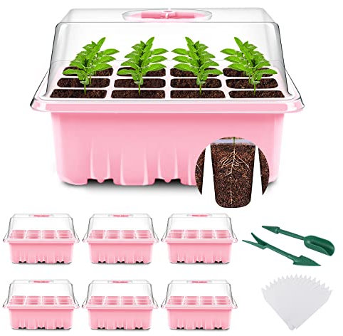 YAUNGEL Zimmergewächshaus Anzuchtkasten, 6 Stück 72 Zellen Mini Gewächshaus Anzucht Set Setzling Starter Tabletts Treibhaus Anzuchtschale mit Deckel und Belüftung für Sämling Pflanze, Rosa
