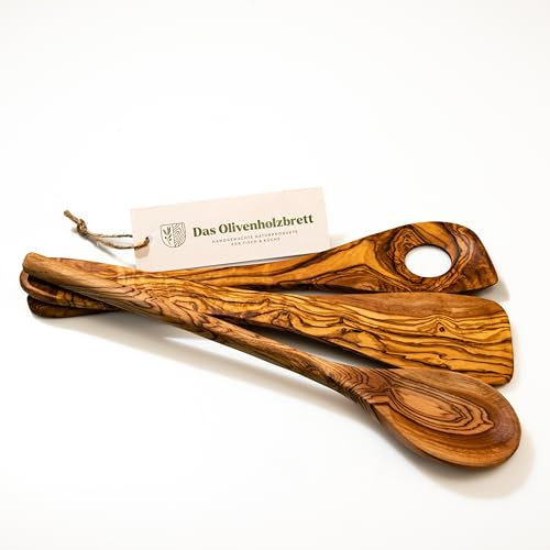 DAS OLIVENHOLZBRETT® Kochlöffel Olivenholz, 3er Set - Kochlöffel aus Holz, handgefertigtes Naturprodukt, Holzkochlöffel, Holzlöffel mit Loch & Pfannenwender, Risottolöffel