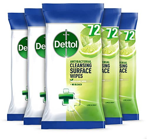 Dettol Antibacterial Surface Cleaning Disinfectant Wipes, Lime And Mint, Multipack Of 5 X 72, Total 360 Wipes