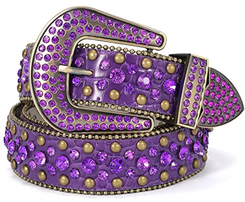 LEACOOLKEY Cintura da uomo e donna, alla moda, con strass, con borchie in pelle PU, per jeans e uomini, J-viola., S