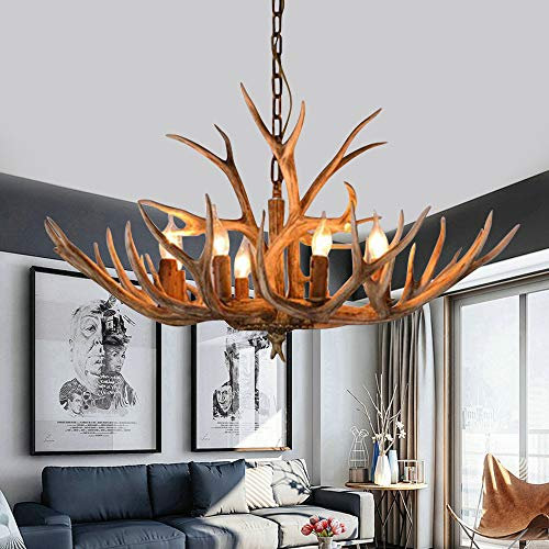 Vintage Pendelleuchte Braun Antlers Retro Style Harz E14 6 Lampen Kronleuchter Industrial Loft Light Höhenverstellbar Pendelleuchte Stoff Lampenschirm Beleuchtung Wohnzimmer Bar Café