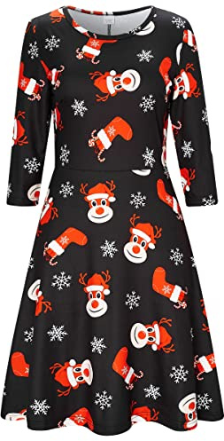 AIDEAONE Frauen Weihnachtskleid 3/4 Ärmel Midi Weich Kleid Weihnachtsmann Druck,M