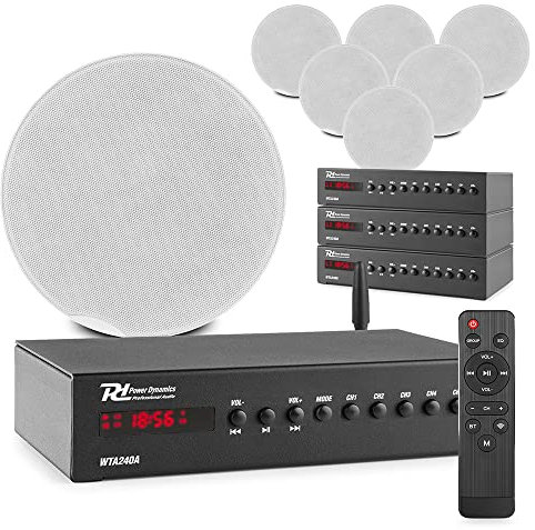 Power Dynamics 4-Zone Multi Room Smart Wireless WiFi Ceiling Speaker System, Bluetooth Connectivity, App Control, 8x FCS6 Home Audio Speakers, AUX Input, Includes Speaker Cable Kit