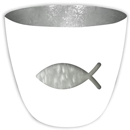 4 STK Windlichter Metall Fisch 10x8cm Weiss Silber Farben Kommunion Konfirmation Taufe Hochzeit Inri Jesu Kerzenhalter Teelichthalter Fische Dekofisch Fischglas Fisch Windlicht