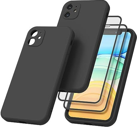 AK Funda para iPhone 11 con 2Piezas Protector de Pantalla Cristal Templado,Funda de Liquida Suave Silicona para iPhone 11 Carcasa Protectora Anti-Choque Case(Negro)