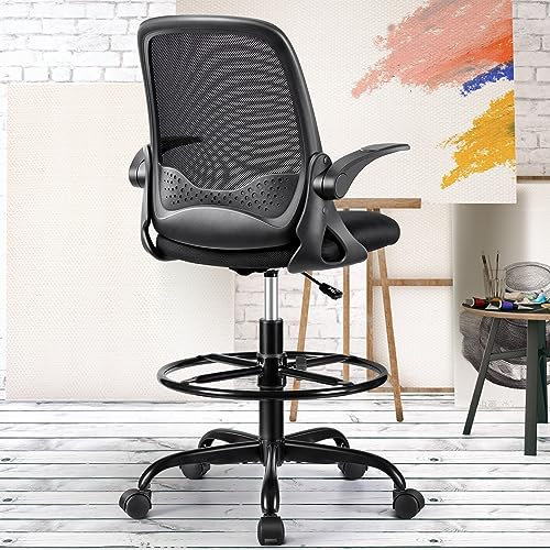 KERDOM Bürostuhl Ergonomisch, Schreibtischstuhl mit umklappbaren Armlehnen und Lendenwirbelstütze, höhenverstellbarer Drehstuhl mit Fußstützenring Geeignet für Hause Büro
