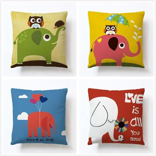 Lot de 4 Housses de Coussin imperméables,65x65cm Housse de Coussin d'extérieur Lin avec Fermeture à Glissière Invisible Chambre à Coucher,Extérieur,Canapé,Jardin Carré Taie d'oreiller L'éléphant anime