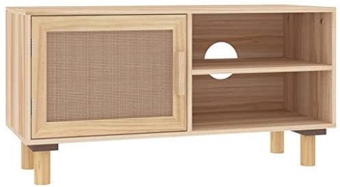 vidaXL Mueble para TV Auxiliar Soporte Televisión Compartimiento Almacenamiento Sala de Estar Dormitorio Madera Maciza Pino y Ratán Natural Marrón