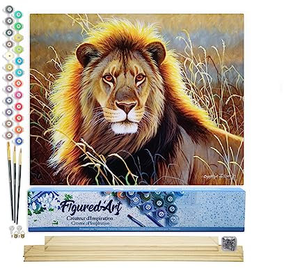 Figured'Art Peinture par Numéro Adulte Lion dans la savane - Activité Manuelle Kit de Loisir Créatif DIY Numéro d'Art Complet - 40x50cm avec châssis en bois à monter