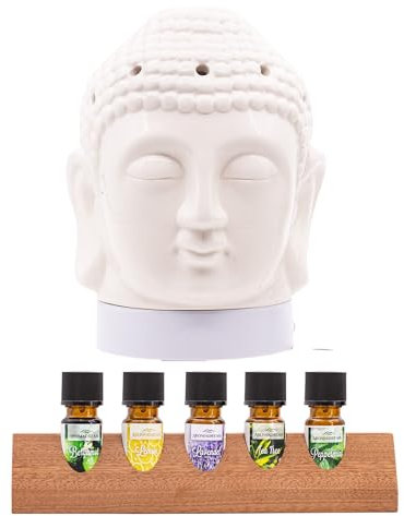 Candle-Brothers elektrischer Aroma Diffusor Set mit ätherischen Ölen | Luftbefeuchter Für Zuhause | Aroma Diffuser Buddha | 100ml Wassertank | Aromatherapie für Yoga