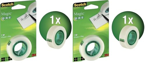 Scotch Ruban Magic - 1 Rouleau, 19 mm x 25 m - Ruban invisible, pour l'emballage des cadeaux de Noël, l'étiquetage des cartes et des cadeaux de Noël (Lot de 2)