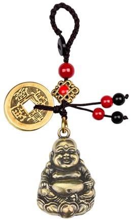 Mansiyuyee Schlüsselanhänger aus Messing, Happy Buddha-Statue, mit fünf Feng Shui-Münzen, lachender Buddha-Schlüsselanhänger, Glücksbringer, Quaste