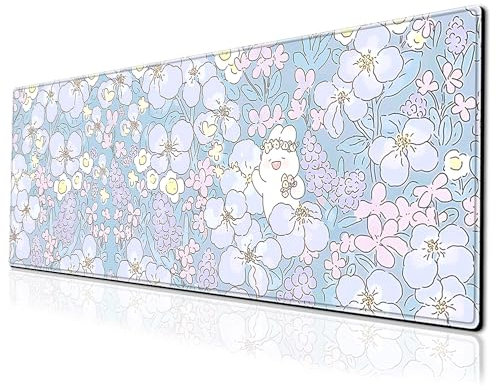 Purple Flower Gaming Mouse Pad Cute Bunny Large Desk Mat, 31.5x11.8 Inch Mousepad Extended Non-Slip Rubber Base Keyboard Mat with Stitched Edges for Desk Home Office