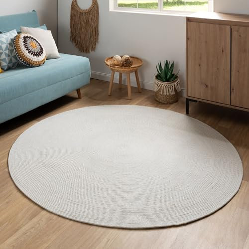 Steffensmeier Handweb Teppich Bali | 100% Baumwolle, Hellblau Creme, handgefertigt, Größe: Ø 200 cm | Flur, Eingangsbereich, Wohnzimmer