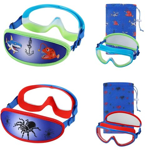RUIGAO Lot de 2 lunettes de natation pour enfants avec sangle en tissu, araignée rouge/requin bleu, masque de natation pour garçons et filles de 4 à 7 ans