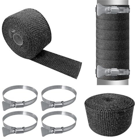 2 Pack Fireproof Pipe Wrap Insulation 2 Wide X 16' Long, Fiberglass Heat Shield Tape Pipe Webbing for Stove Flue Protector with 4 Clamps, Black