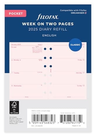 Filofax Taschenkalender 2025, Woche auf 2 Seiten, Englisch, Rosa