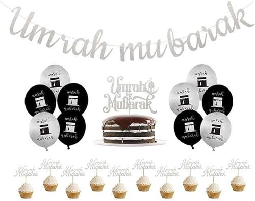 Umrah Mubarak Party Decoration Banner Balloons Cake Cupcake Toppers - Silver