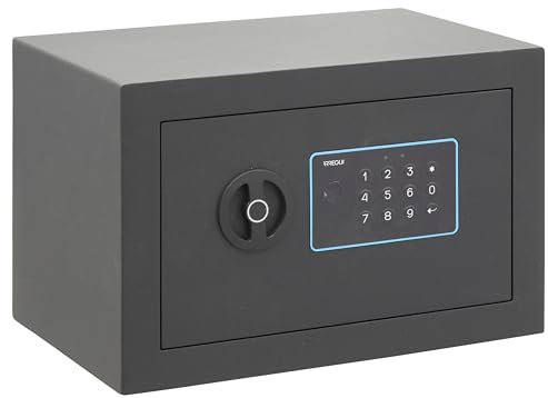 ARREGUI Blue 650110 Coffre-fort en acier avec serrure électronique à code | 20x31x20 cm | 10 L | Coffre fort de sécurité pour la maison | Clavier à code programmable | Clé d'ouverture d'urgence | gris