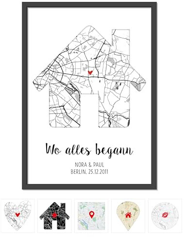 OWLBOOK® Personalisierte Geschenke für Frauen | Wo alles begann Bild mit Landkarte & Koordinaten | Geburtstagsgeschenk für Frauen | Hochzeitsgeschenk Hochzeit Jahrestag Einzug Weiß Haus Papier