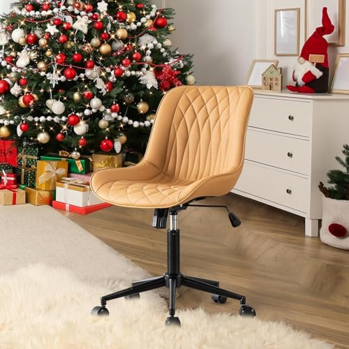 YOUNIKE Armless Office Chair Swivel Desk Chair with Wheels Rolling Computer Task Chair with Back Upholstered Faux Leather Height Adjustable Modern Ergonomic Seat, Tan