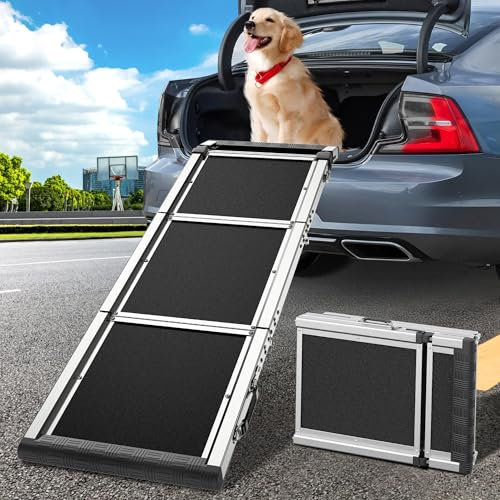Dog Ramp for Car, Extra L71” W17” Folding Pet Ramp for Large Dogs with 90°Adjustable Landing & Non-Slip Surface, Outdoor Dog Car Ramp for SUV Truck Side Door, Supports up to 330 lbs (3 Foldable)