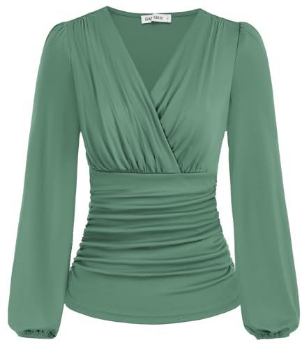 Damen Grüne Bluse V-Ausschnitt Bluse Langarm Einfarbig Slim Fit Plissee-Tops Tunika Blusen Blassgrün XL