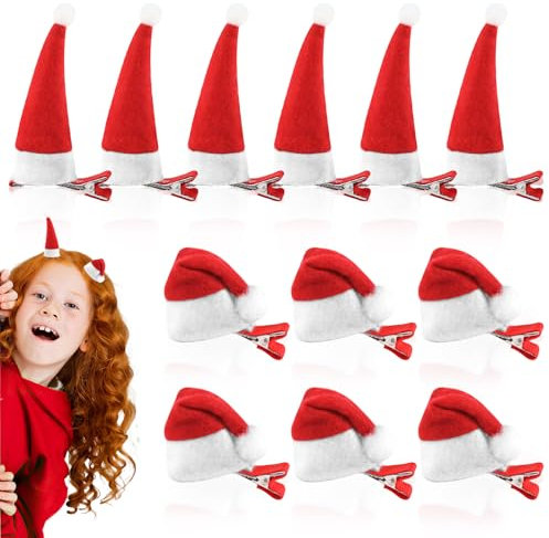 Tikplus 12 Stück Weihnachten Haarspangen, Mini Weihnachtsmütze Haarklammern 2 Stile, Rot Santa Hut Haarspangen Weihnachten, Haarspangen Mädchen, Weihnachts Haarclips für Mädchen Damen