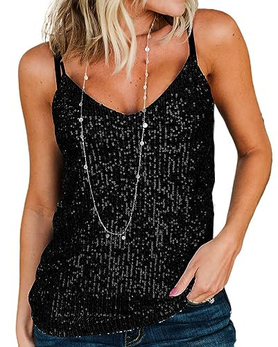 AirMood Women 's Sexy Neck Flash Lentejuelas Chaleco Lentejuelas Blusa Disco Lentejuelas Chaleco, Negro, S