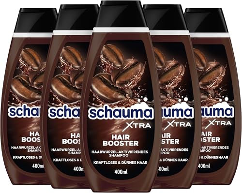 Schauma XTRA Koffein-Shampoo Hair Booster (5x 400 ml), Haarshampoo hilft Haarausfall vorzubeugen, Shampoo mit Koffein aktiviert die Haarwurzel bei kraftlosem & dünnem Haar