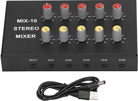 Natudeco DC5‑12V Mixer audio a 10 canali Mixer audio Mixer audio stereo con 10 ingressi e 2 uscite con jack da 3,5 mm per Home Theater e sistema audio
