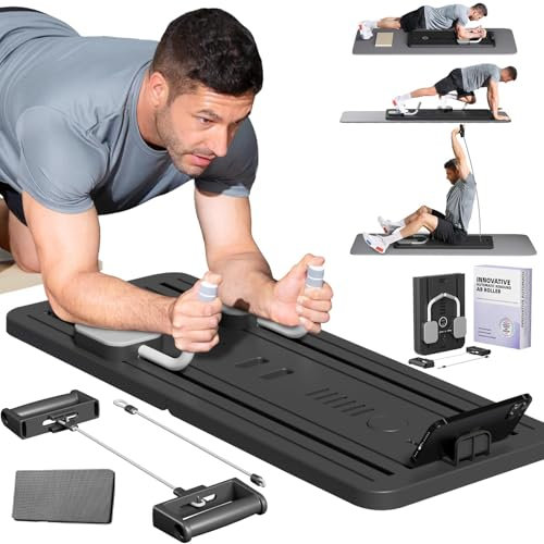 Faltbares Pilates-Brett, Pilates-Reformer-Set mit Ellenbogenstütze und Widerstandsbändern, Reformer-Pilates-Gerät mit Timer, Ab-Roller-Übungsrad, Trainingsausrüstung, Bauchbrett für zu Hause black